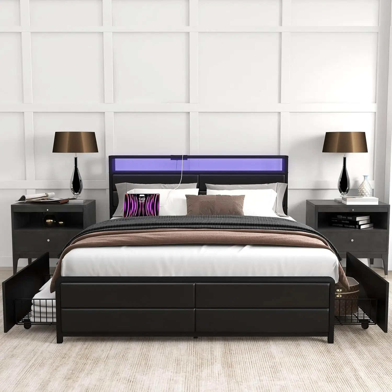 Bonzy Home Full Size Bed Frame with 4 Storage Drawers and Charging Station, Full Platform Bed Frame with LED Lights, Strong Meta