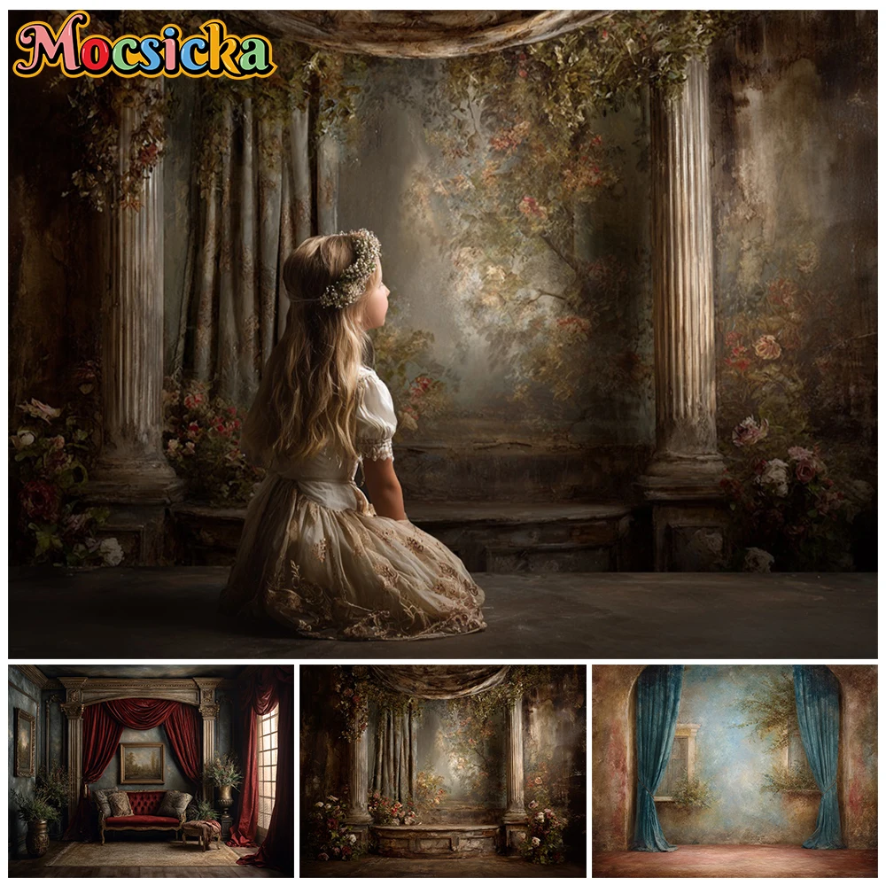 

Mocsicka Rustic Floral Column Studio Backdrop Dark European Palace Stage Background Curtains Newborn Kids Portrait Photo Shoots