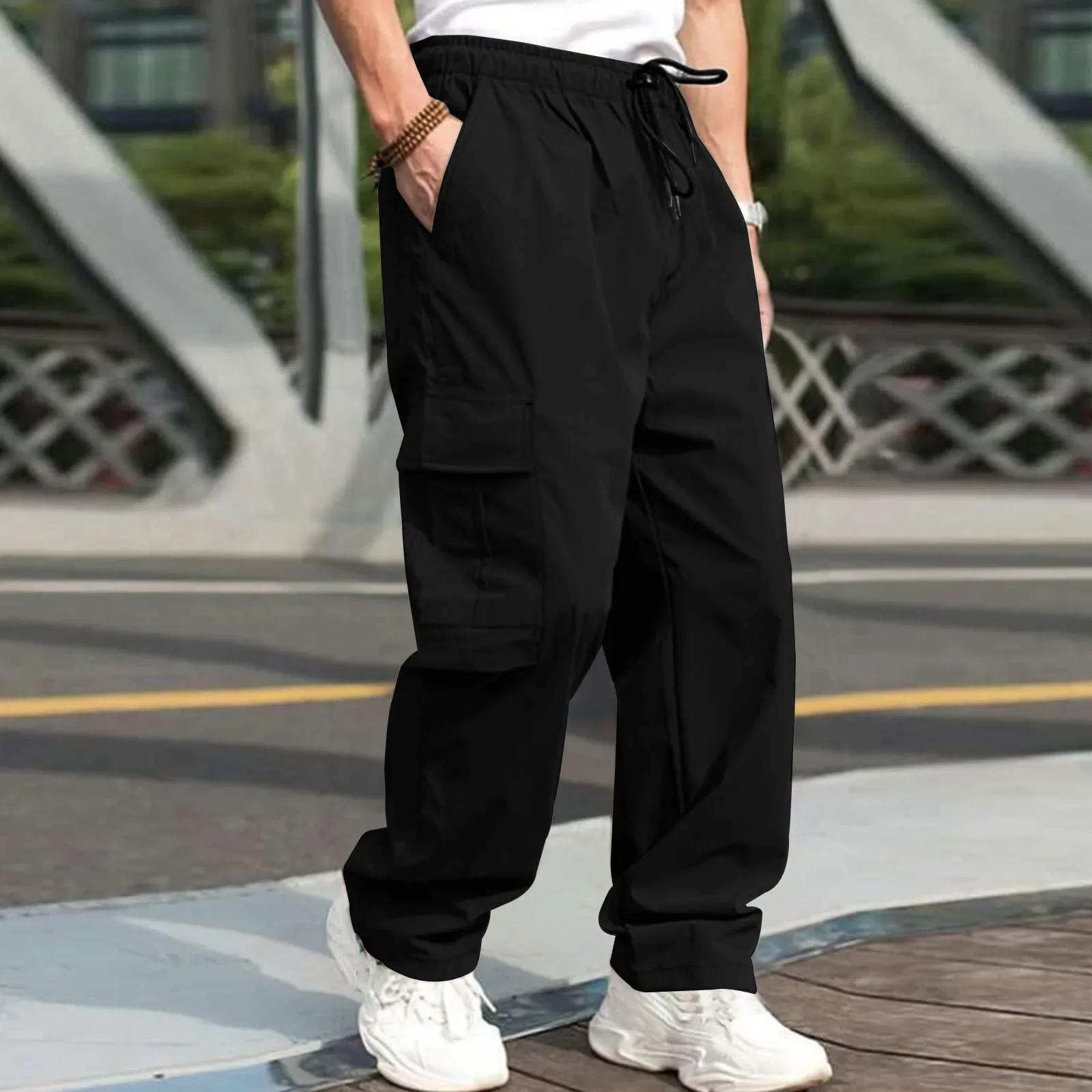 

Mens Streetwear Style Cargo Pants Loose Fit Drawstring Waist Solid Color Multi Pocket Trousers Casual Workwear Outdoor Pants