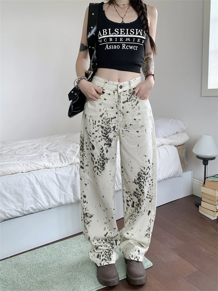 

Slergiri Leopard print harajuku baggy jeans women y2k streetwear retro high waist loose wide-leg cotton denim trousers