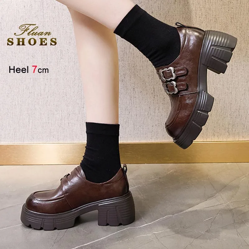 أسود بني منصة سميكة جلد طبيعي النساء أحذية عالية الكعب المتسكعون ربيع الخريف الرجعية تنوعا كعب خشن حذا فردي للسيدات