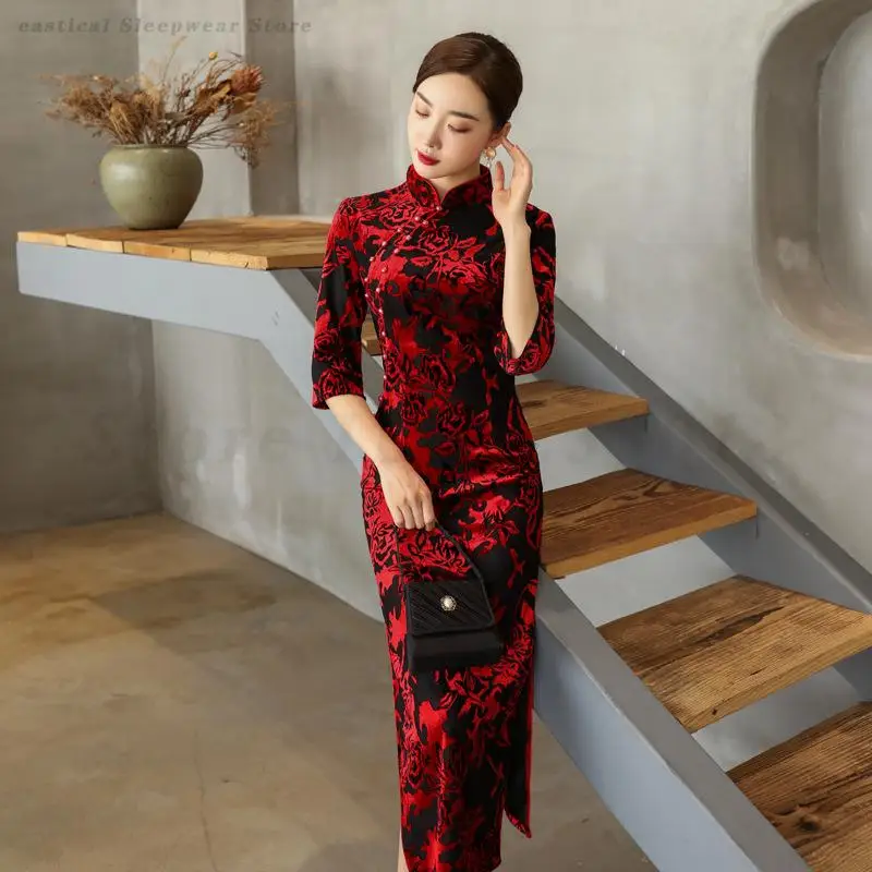

Autumn Long Cheongsam Vintage Elegant Slim Dress Traditional Mandarin Collar Evening Party Gown Chinese Style Big Size 4XL Qipao