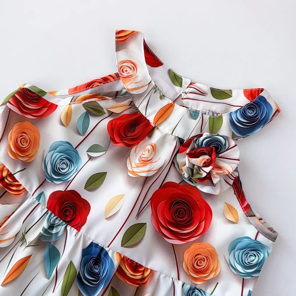 صيف جديد 3-7 سنوات فتاة عطلة السببية ثلاثية الأبعاد الأزهار طباعة الرسن فستان الأميرة 1 قطعة النسخة الكورية موضة الاطفال الملابس الحلوة