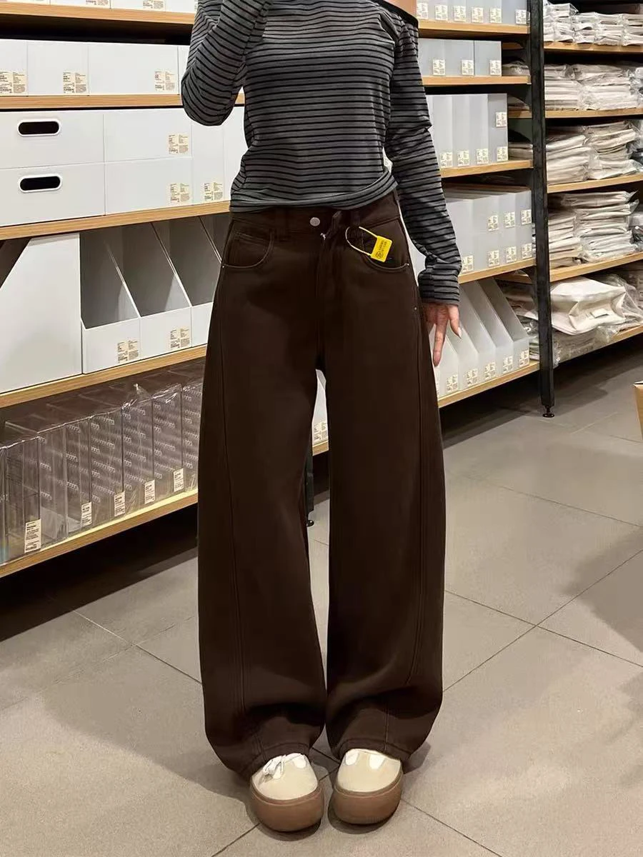 Retro Velvet Thickened Jeans for Women Autumn Winter High Waisted Straight Leg Denim Pants Female Casual Warm Wide Leg Pants