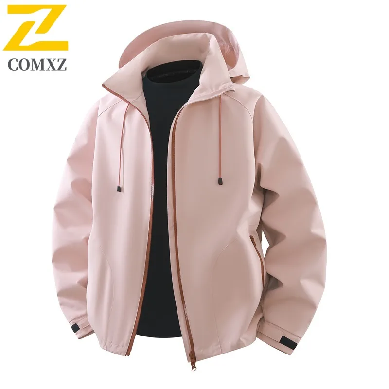 

COMXZ Men Jacket New Loose Windproof Waterproof Outdoor Camping Hiking Travel Jogging Casual Coat Hooded Gorpcore Rider Jacket