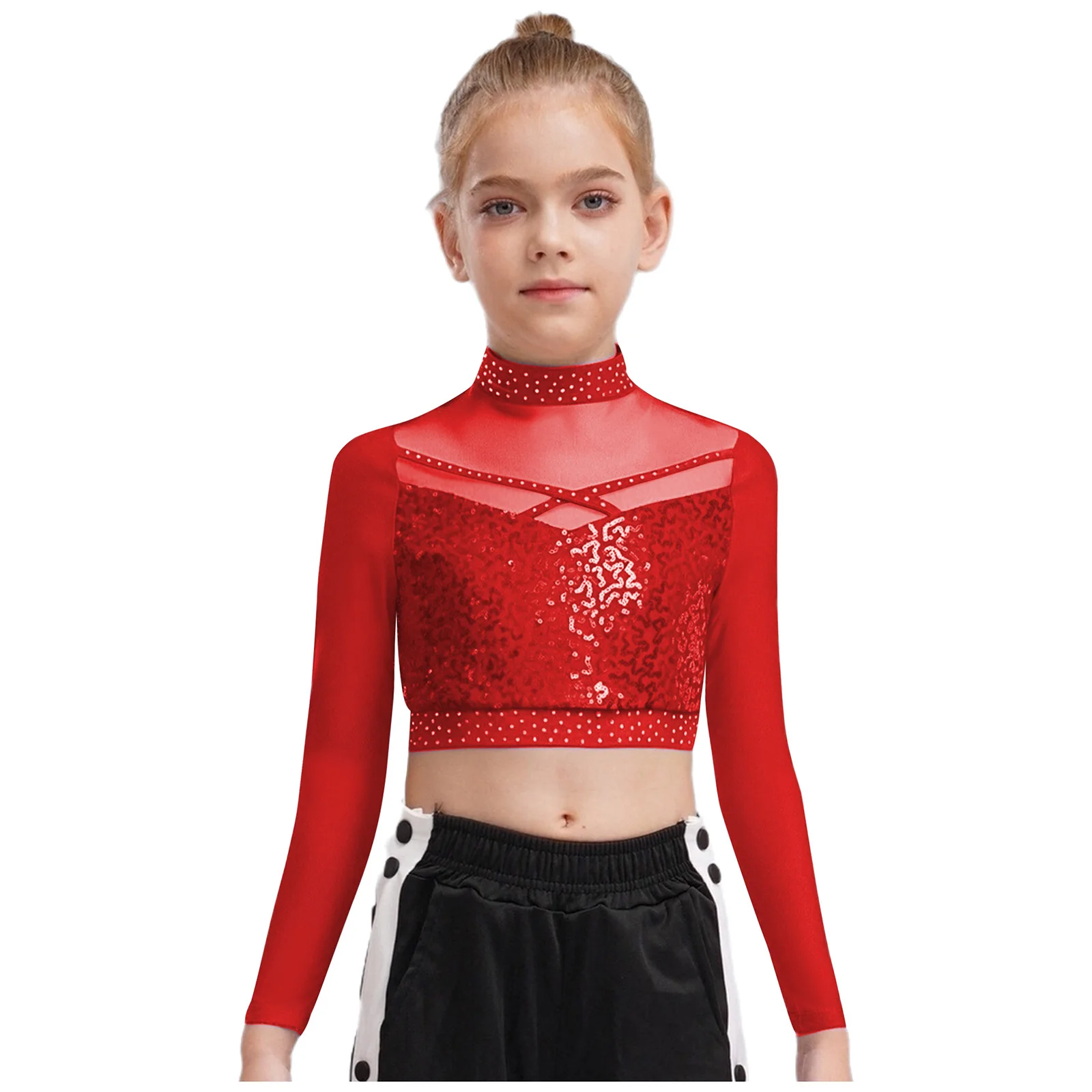 

#6-16 Kids Girls Jazz Dance Performance Costume Long Sleeve Sheer Mesh Shiny Sequins Crop Top Tango Samba Cheering Dancewear