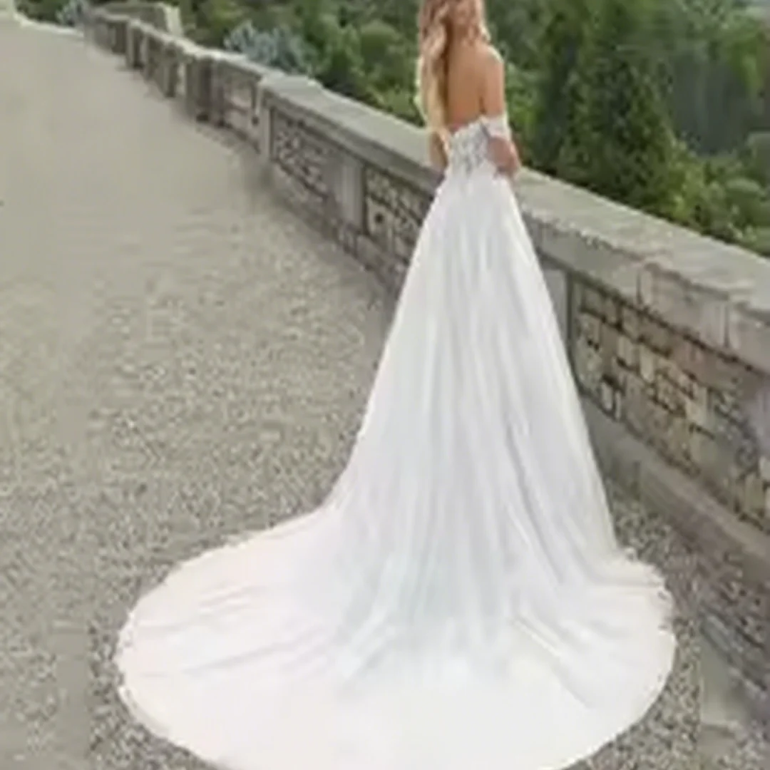 カスタマイズされたオフショルダーレースのウェディングドレス女性恋人アップリケ花嫁ドレス A ラインスイープトレインガウン花嫁パーティー