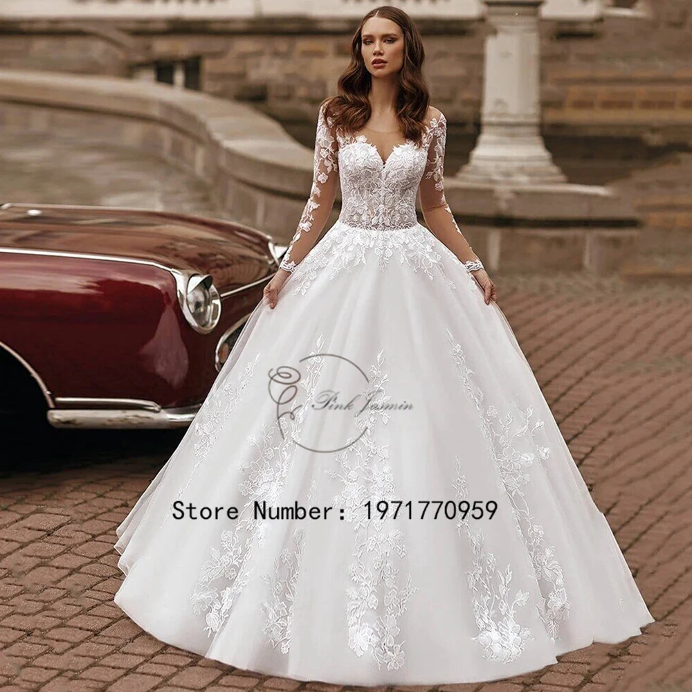 

Luxury Scoop Neck Wedding Dress For Woman Long Sleeves Applique Elegant Vestidos De Novia A Line Applique Tulle Bride Gowns