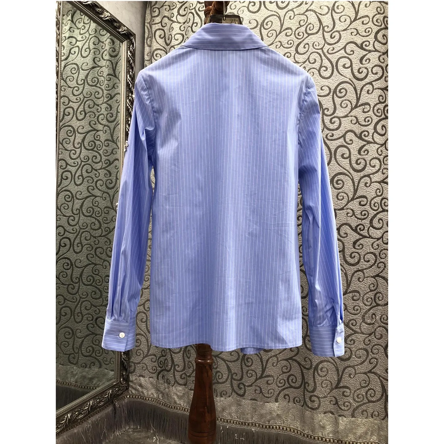 Camisas de algodão de alta qualidade 2025 estilo outono feminino turn-down colarinho listrado impressão cristal miçangas deco manga longa camisas azuis