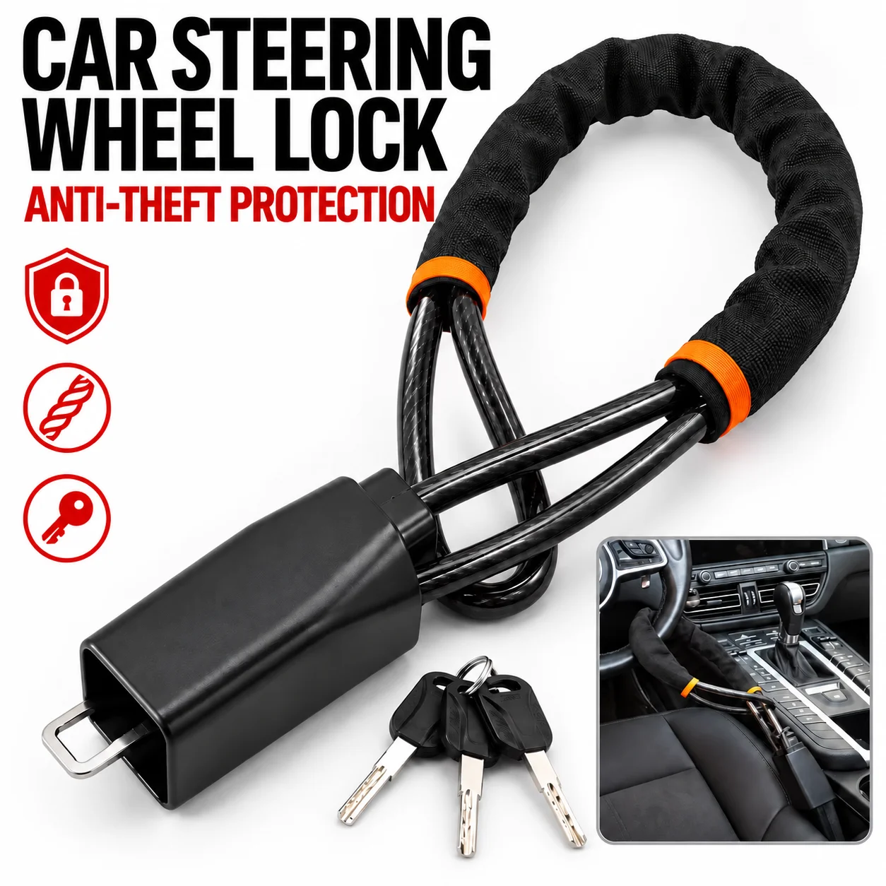 Universal Steering Wheel Lock Steel Cable Anti Theft Device Car Security Protection For Sedan SUV Vehicle Auto Accessories