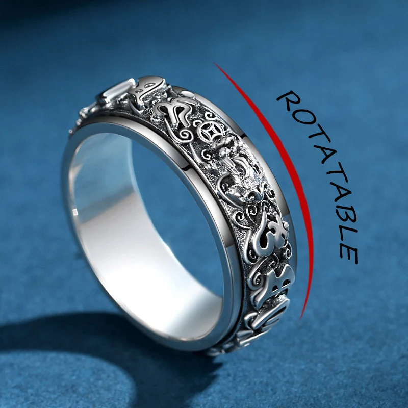 925 Silver Fine Style Mens Rings Hollow Out Six-character Mantra Rotable Vintage Ring Couple Style Party Banquet Jewelry