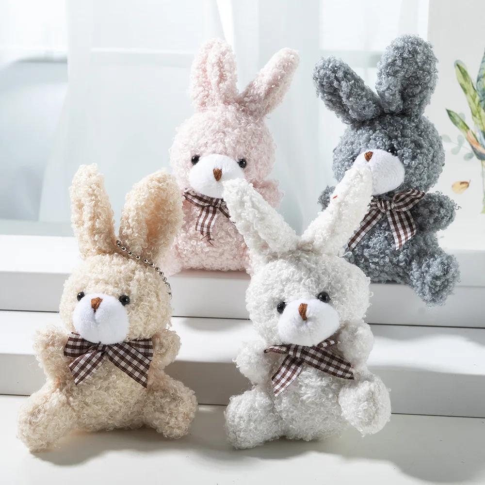 1Pcs Cute Cartoon Bunny Stuffed Animal Keychain Bow Tie Sitting Posture Little Rabbit Doll Plush Toy Backpack Pendant Party Gift