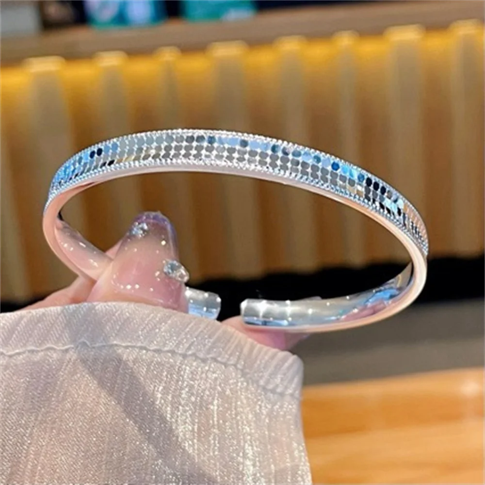 Unisex 999 Sterling Silver Shiny Fish‑Scale Sequins Open Cuff Bangle Free Custom Engraving  Men Women Fine Silver Bracelet