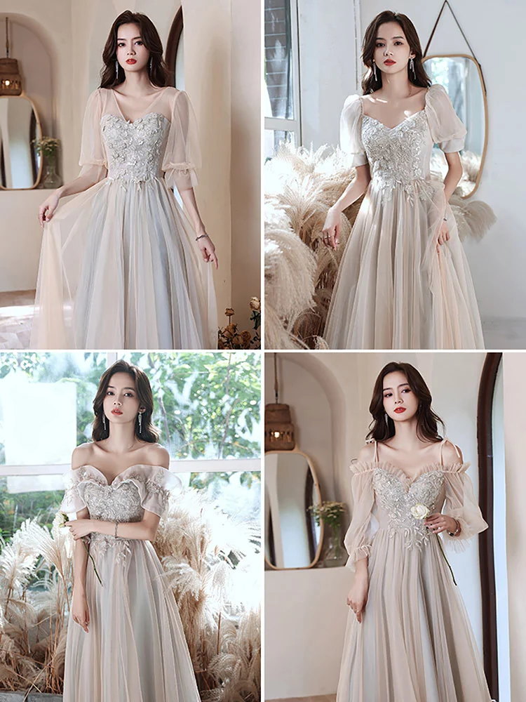 Vestido de dama de honor bordado de lujo para mujer, vestido de fiesta de boda, vestidos de princesa delgados de tul con hombros descubiertos, vestido de noche Formal