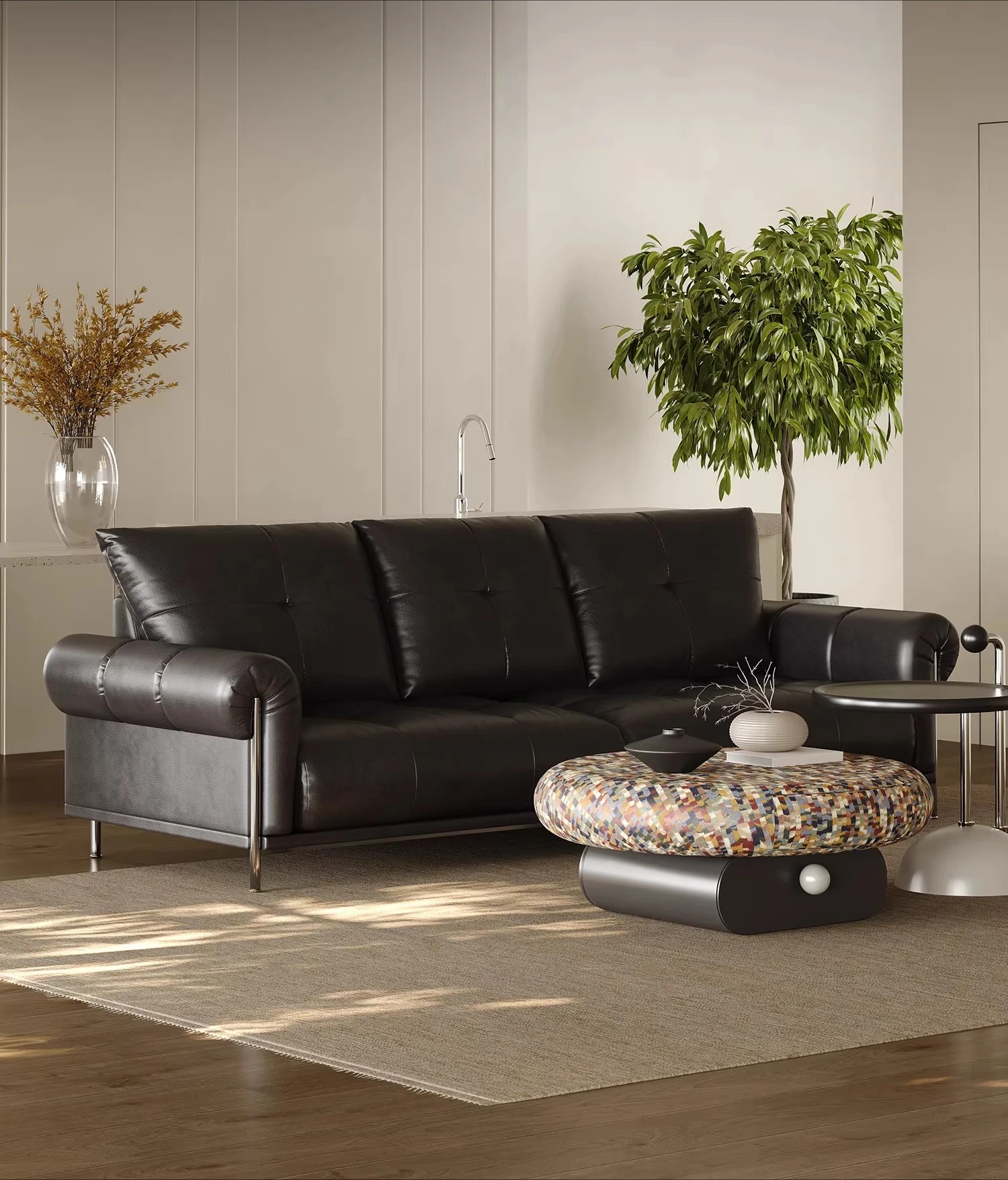 Mid-style leather sofa modern simple top-layer cowhide small living room home inline retro three-person sofa
