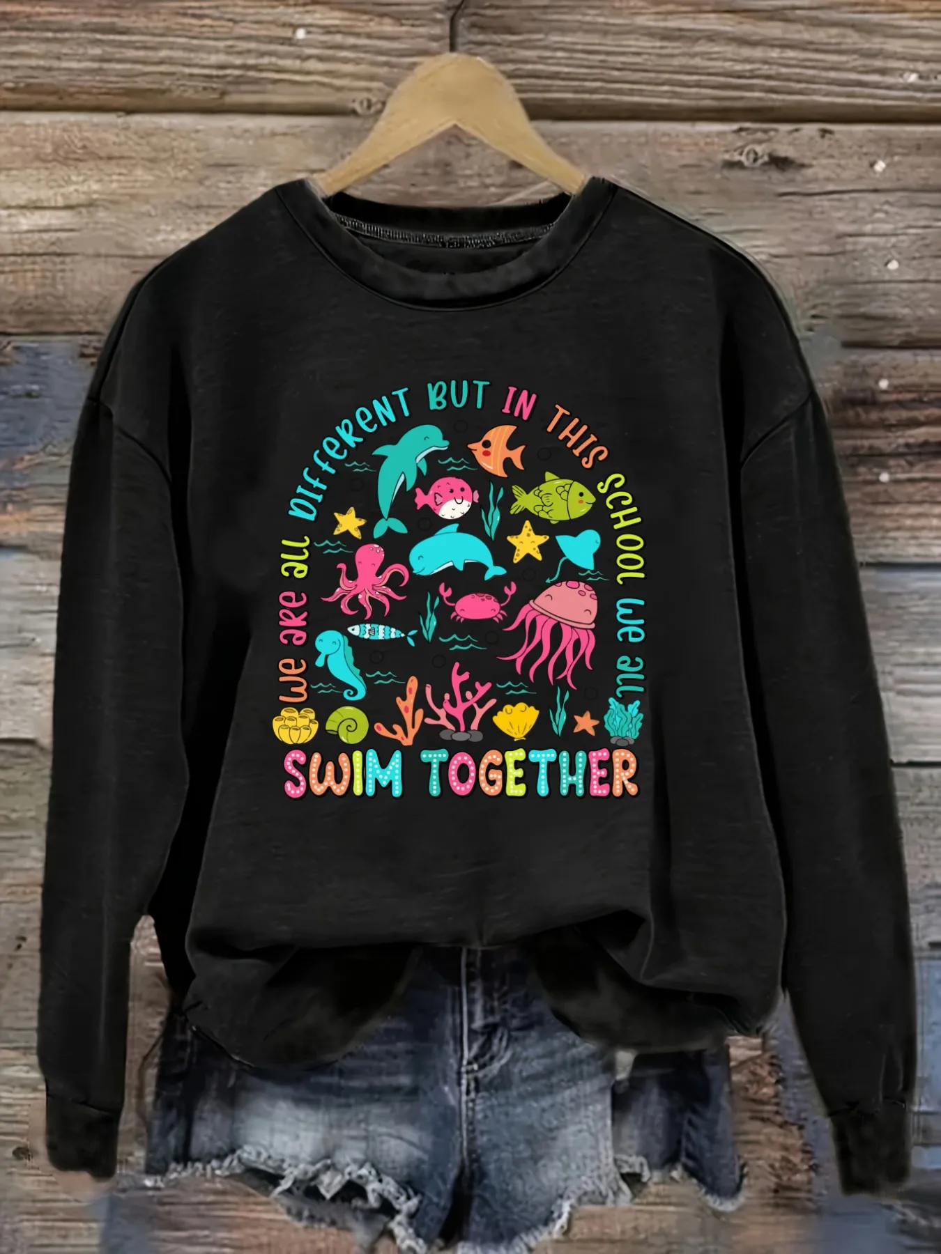 Women's Casual Long Sleeve Crew Neck T-Shirt We Are All Different But Design, Round Neck Women's Clothing, Machine Washable, Slightly Elastic, Loose Fit, Spring Autumn Winter Women's T-Shirt, Halloween Costume Outfit