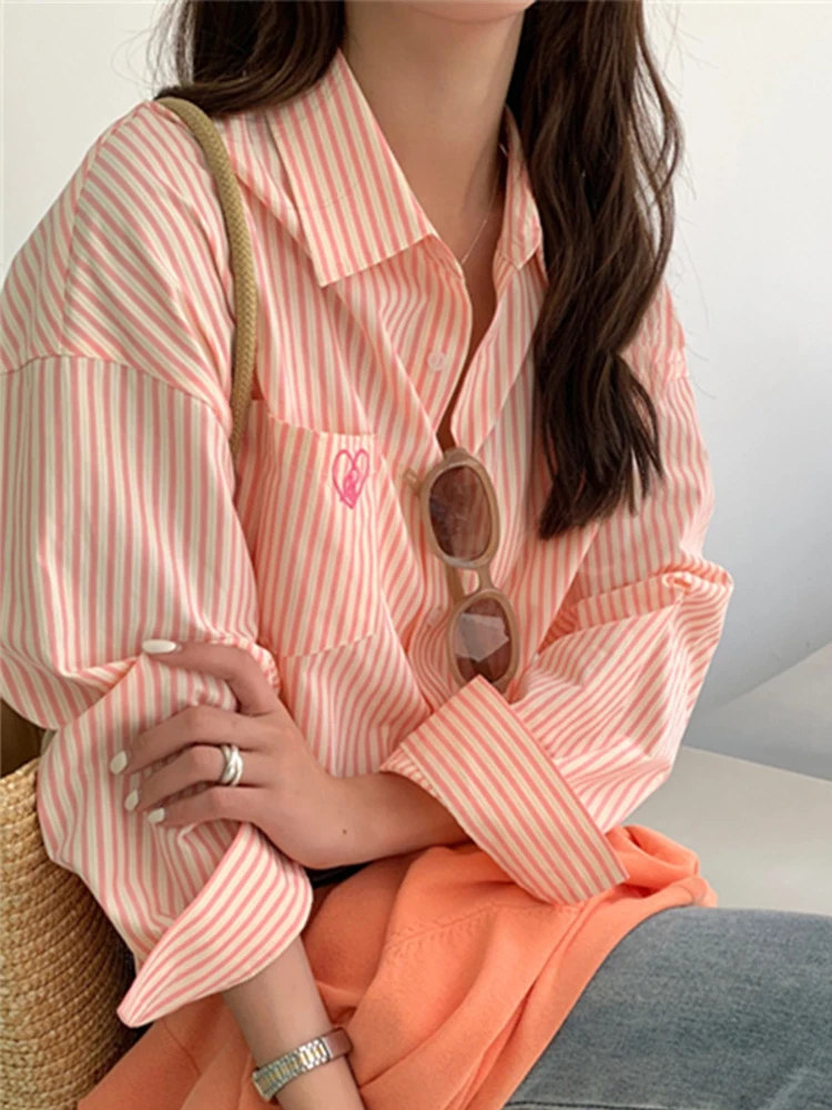 

Sweet Pink Striped Shirt Women Summer Single Breasted Shirts Female Korean Fashion Chic Embroidery Casual Office Tops Ladies