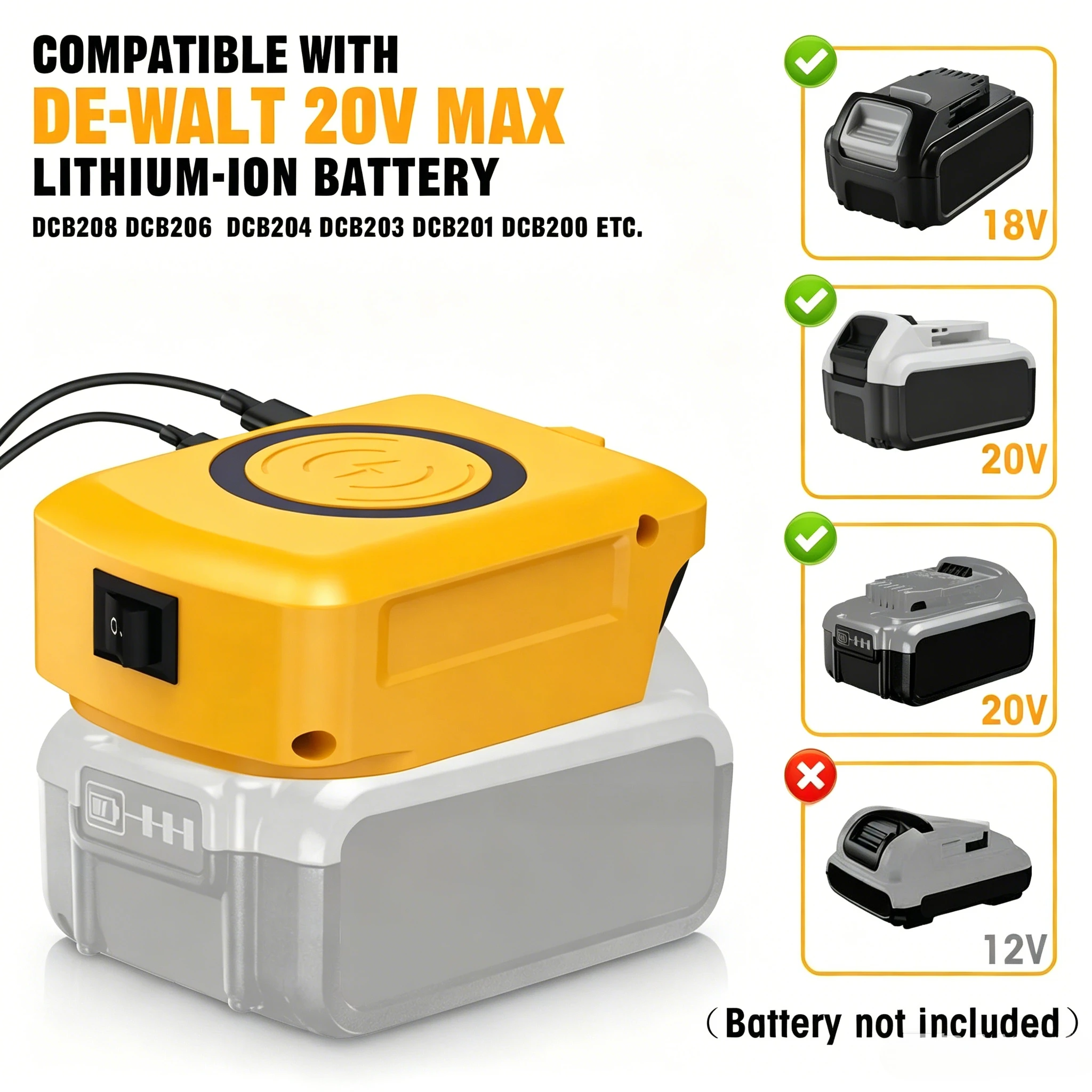 

15W USB Wireless Charger Adapter for Dewalt 20V Battery Charging Station Adapter for Phone Type-C