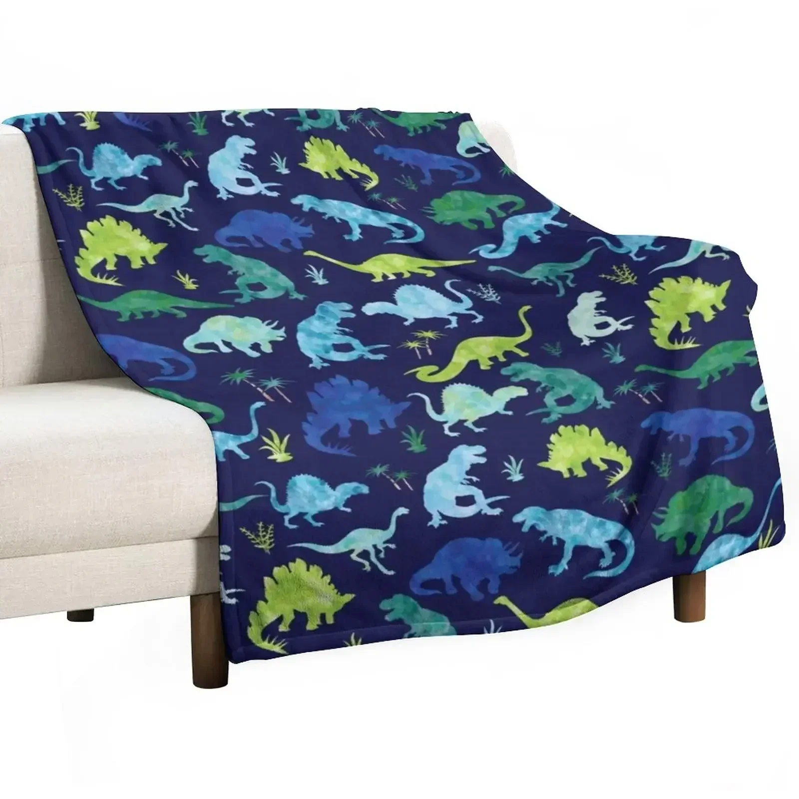 Watercolor Dinosaur Blues Greens Dino Pattern Throw Blanket Furry Plaid on the sofa Luxury Throw for sofa Blankets