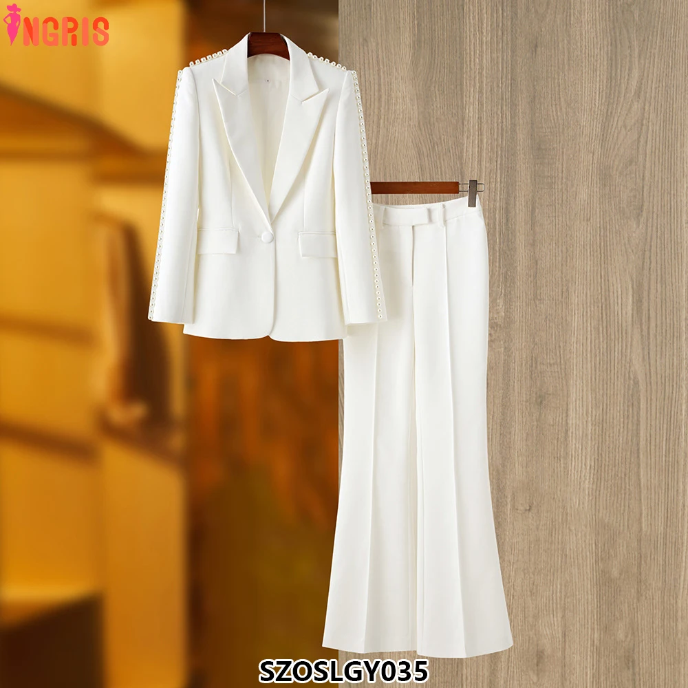 

Women's Office Suit Long Sleeve Single Button Suit Flared Pants Women Solid 2-piece Set-SZOSLGY035