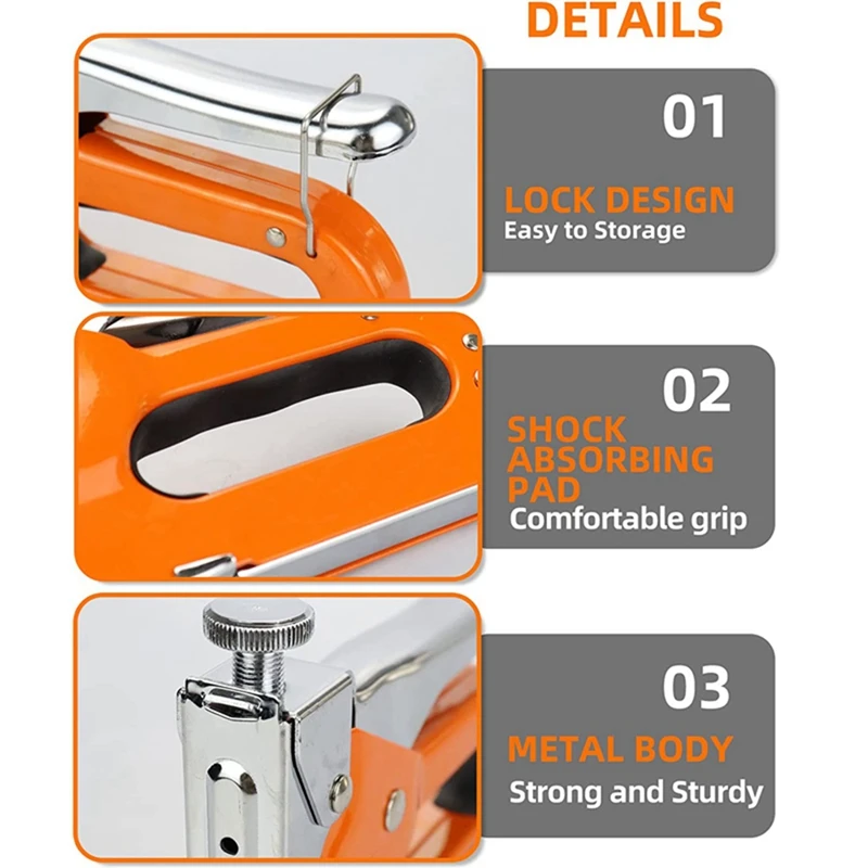 3-In-1 Stapler, +600 Nails For Wood, Handicrafts, Carpentry, Decorative DIY Orange Metal Tool