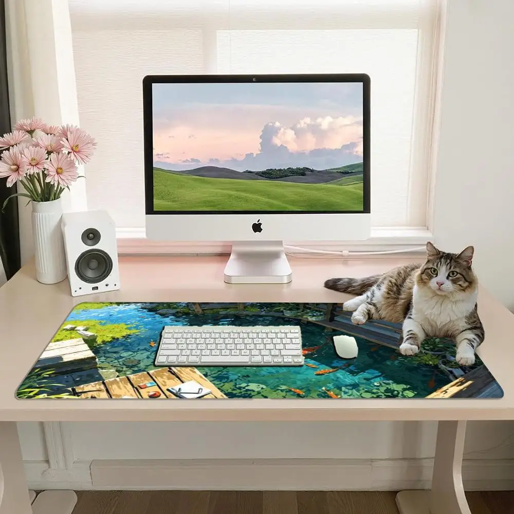 Anime Japanese Garden Koi Fish Pond Large Gaming Desk Mat Smooth Surface Non-Slip Rubber Base Mouse Pad Waterproof Wear-resistan