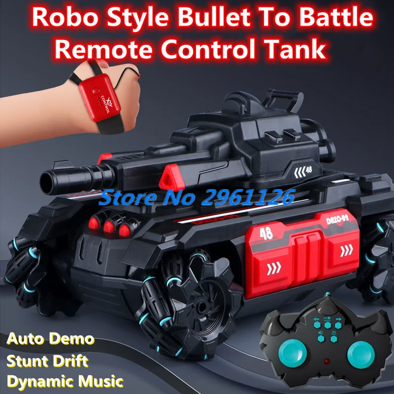 

All Terrain Off Road Wireless Control Tank 2.4G Auto Demo Stunt Drift Dynamic Music Gesture Sense Turret Rotation RC Tank Model