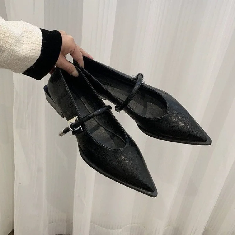 2024 New Retro Pointed Single Women Shoes Versatile One Line Strap Casual Thick Heel Shallow Metal Buckle Low Heel Women\'s Shoe