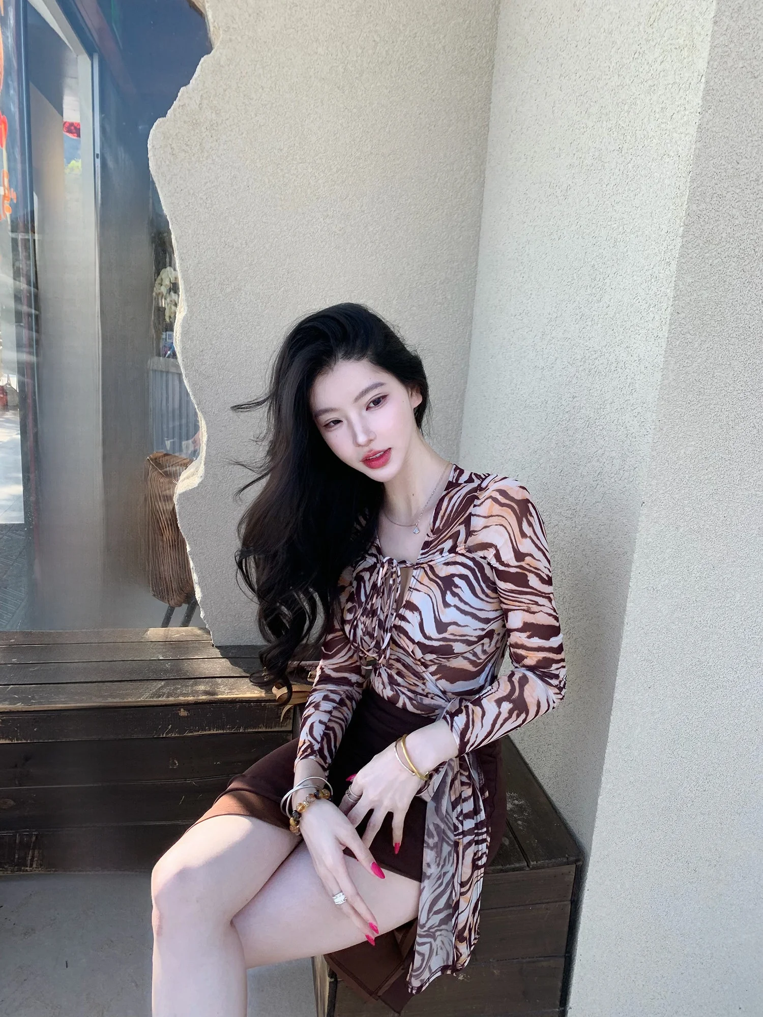 

Женский шифоновый топ Wild Wrapping One-Step Tie с зебровым принтом, приталенный, с длинным рукавом, V-образным вырезом, весна-лето, повседневный стиль, приятный к телу