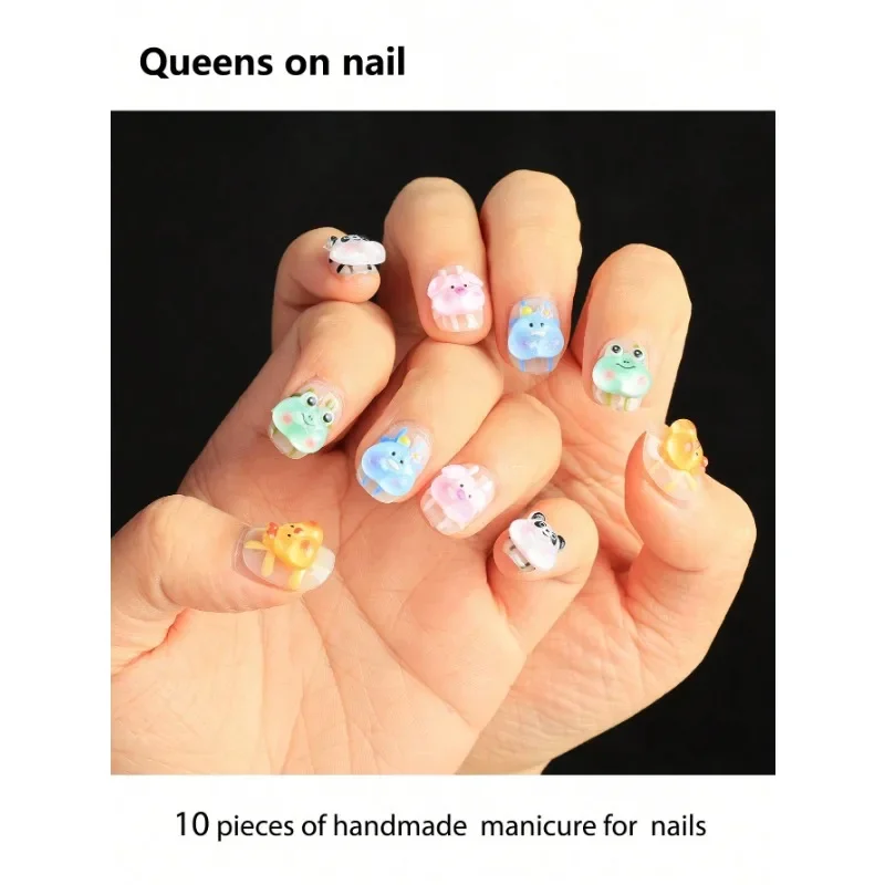 

10 Pieces Handmade press on Nails Ballet Style Fake Nails/Childlike And Cute/3D Chick/Frog/Little Duck/Pig/Daily Wear For Girls