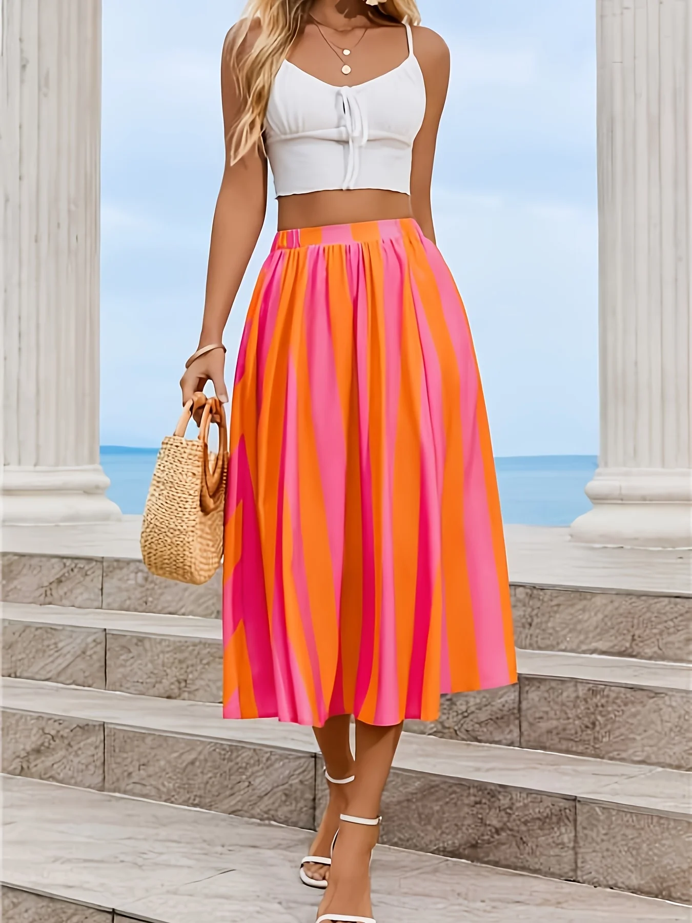 Women Striped Midi Skirt Elastic High Waist A‑Line Flowy Skirt Loose Casual Vacation Beach Swing Skirts For Summer