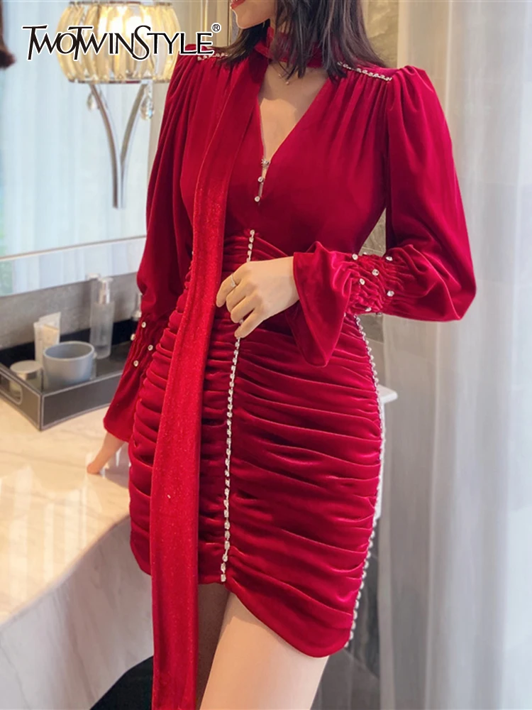 

TWOTWINSTYLE Elegant Sashes Solid Mini Dress For Women V Neck Puff Sleeve High Waist Dresses Female Clothing 2022 Fashion New