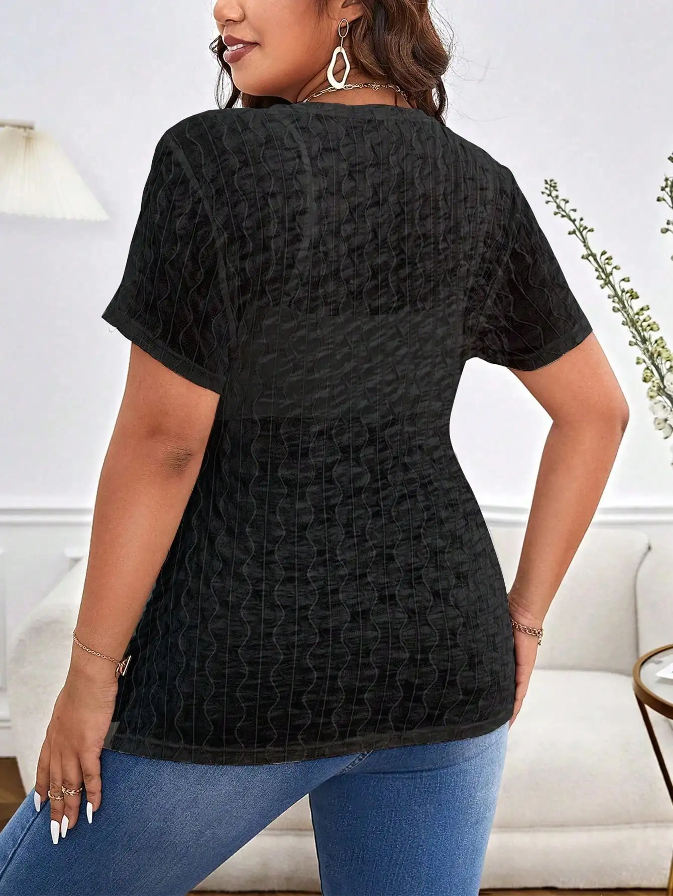 Women's Plus Size Textured Short Sleeve Top, Casual V-Neck Tie Front Cardigan, Lightweight Sheer Kimono Blouse For Ladies
