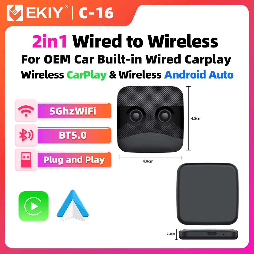 EKIY Car Intelligent Systems 2in1 AI TV Box Wireless CarPlay Dongle Wireless Android Auto Adapter For Car With Wired CarPlay