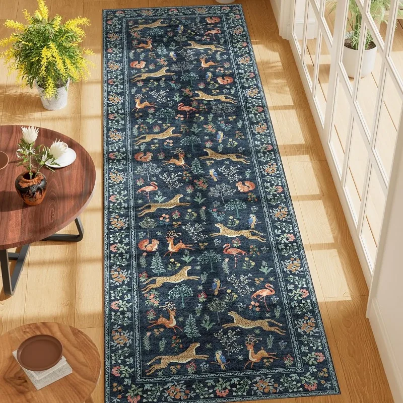 Boho Forest Animal Runner Rug Cheetah Deer Birds Floral Print Hallway Floormat Water-Absorbent Anti-slip Carpet for Living Room