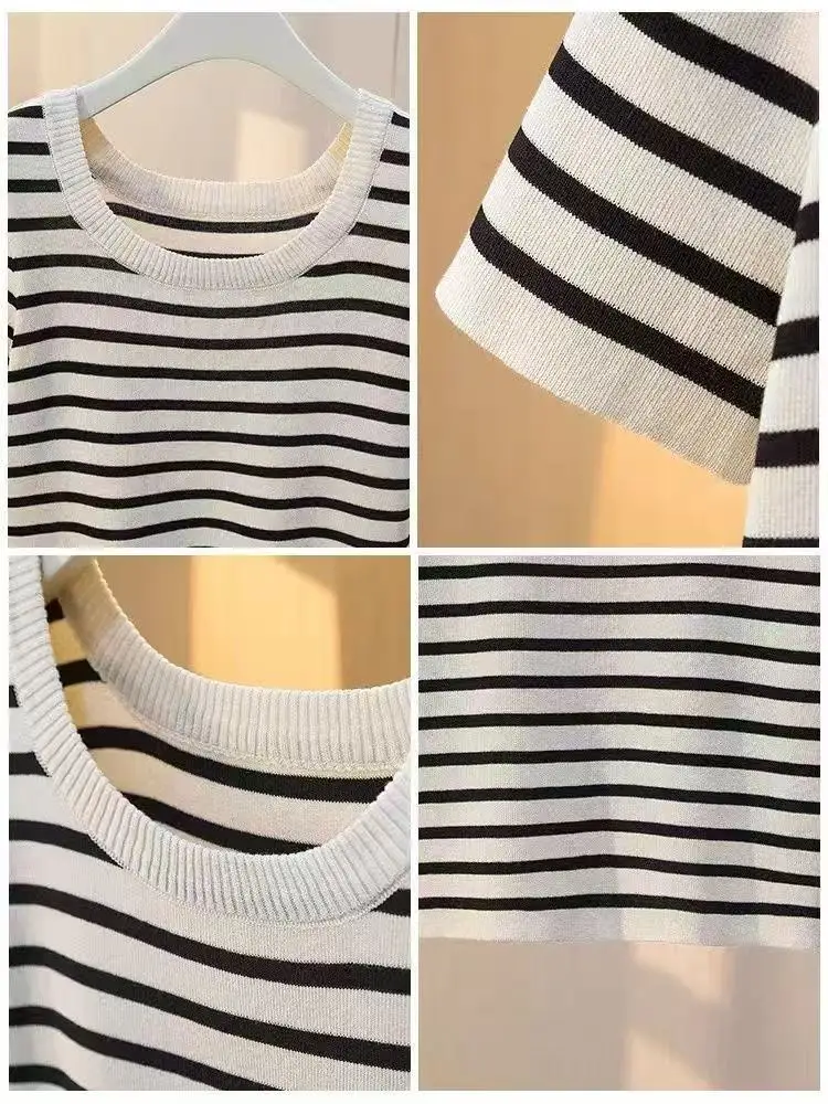 

Summer 2026 Women's Stripe T-Shirt Ice Silk Knitted Short Sleeve U-Neck Top Fashionable Commute Style Slim Fit Lengthened Short