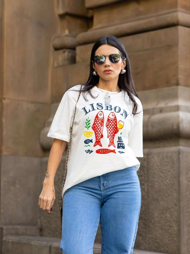 Retro American Vintage Summer Ocean Style Carp Print Spicy Girl Loose Pure Cotton Short Sleeve T-Shirt Women's Trendy round Neck