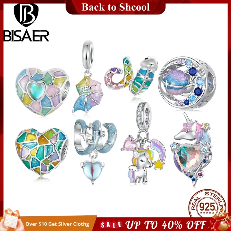 

BISAER 925 Sterling Silver Rainbow Heart Charm Bead Conch Chameleon Unicorn Pendant For Women DIY Bracelet Fine Jewelry ECC2708