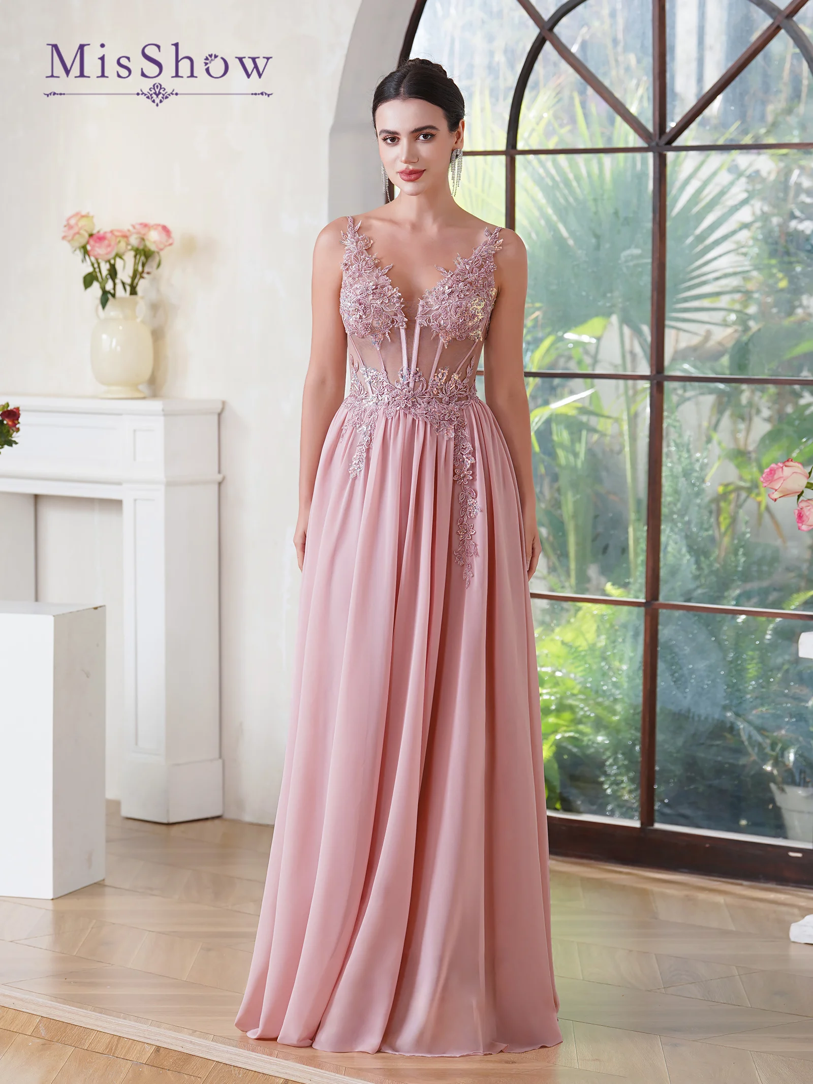 Elegant Dusty Rose Spaghetti Straps Prom Dresses Applique Fish Bone Illusion V Neck Evening Formal Party Gown Vestido De Fiesta