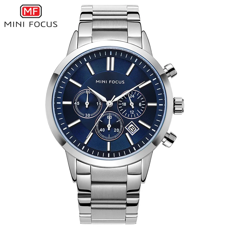 MINI FOCUS MF0188G Men's Stainless Steel Dress Watches Chronograph Business Army Quartz Wristwatch Man Relogios Masculino Clock