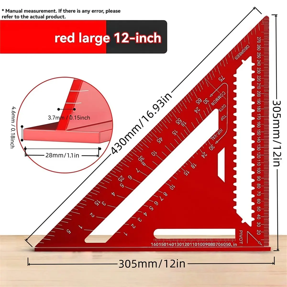 [ Ruler] 12-Inch Red Aluminum Alloy Triangle Ruler Metal Construction, Angle Finder and Metric Scale