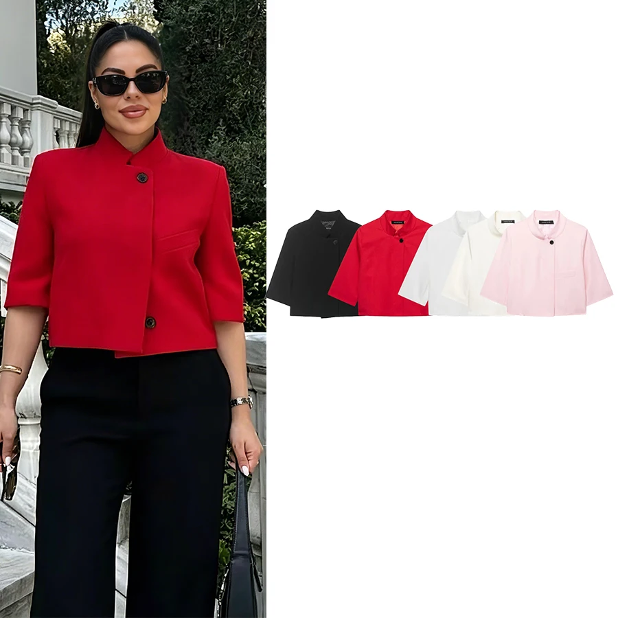 Damen Kurz-Blazer Neu Elegante Damen-Oberteile Hochgeschlossener Kurzarm-Blazer mit Knöpfen Einfarbiger Mantel Schicke Damen-Tops