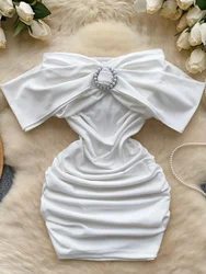 Foamlina Birthday Party Dress Celebrity Premium Scheming Pearl Buckle Pleated Off-the-shoulder Tube Top Slim White Short Dress