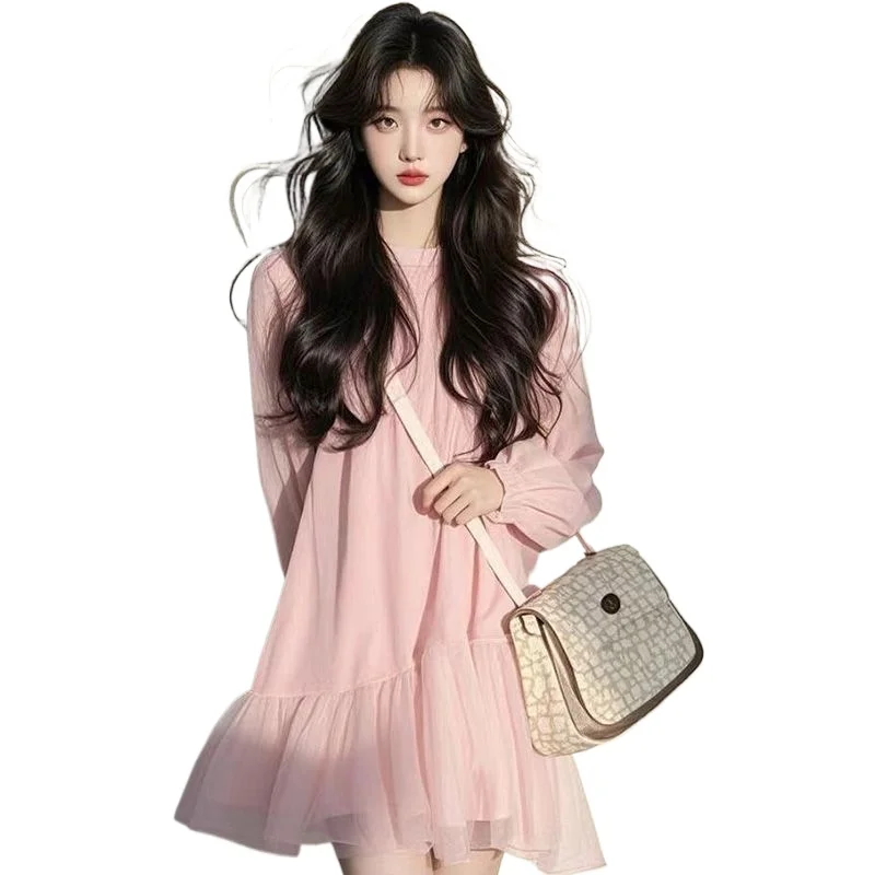 Gentle Wind Temperament Beautiful Pink Dress Women's Spring  Autumn New Fashion Loose Small A-word Skirt Age Reduction Dresses