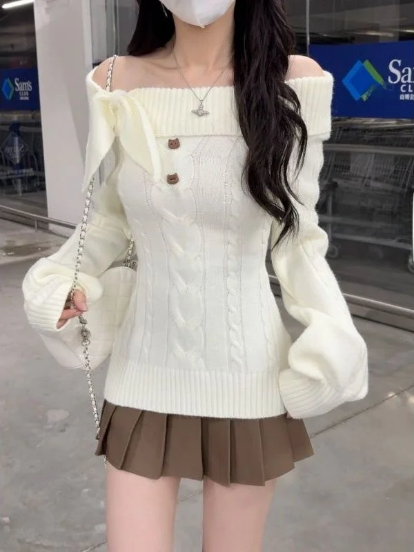 

Sweet Rabbit Ear One Shoulder Long Sleeve Knitted Sweater Skirt Set Waist Cinched Autumn Winter Fashion Student Ensemble