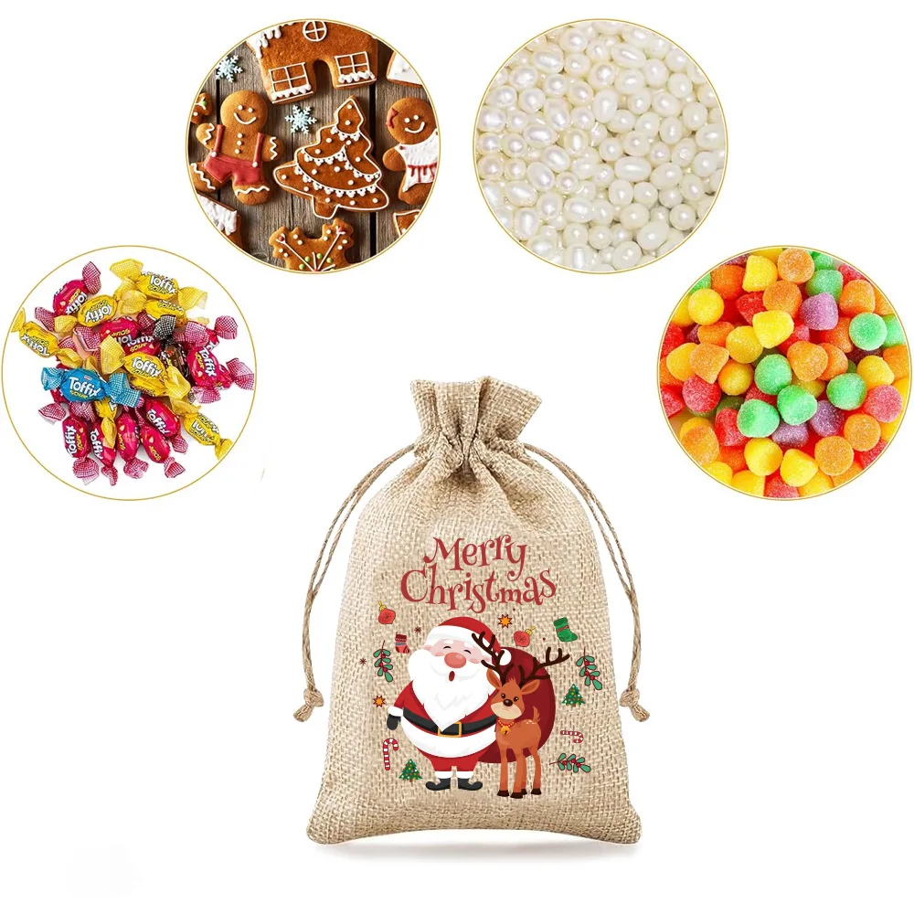 50pcs/lot 10*15cm Christmas Santa Claus Sack Linen Drawstring Bags Children's Party Candy Gift Storage Pouches Packaging Bag