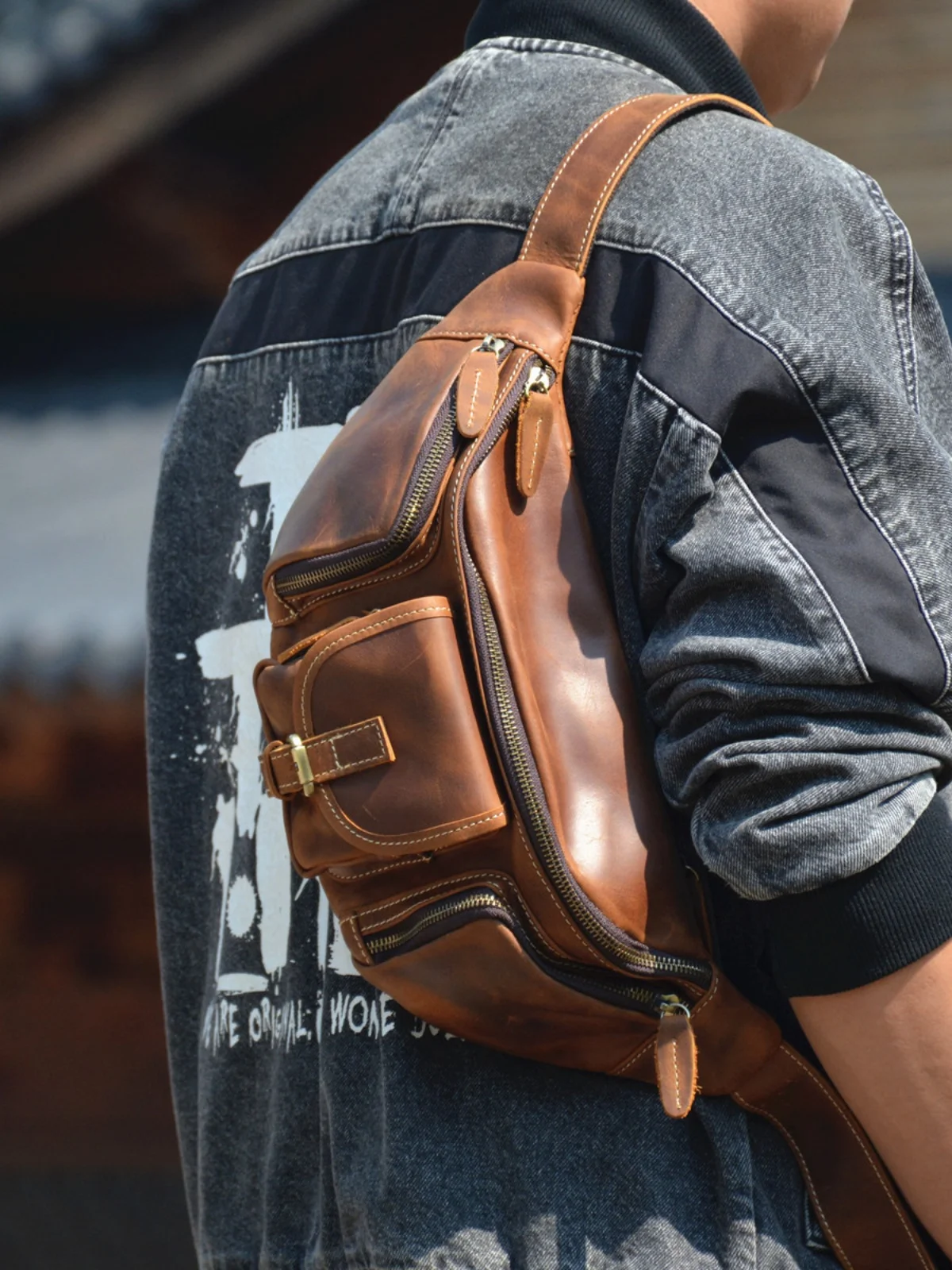 

sports luxury genuine leather multifunctional men's chest bag vintage designer handmade crazy horse cowhide crossbody bag