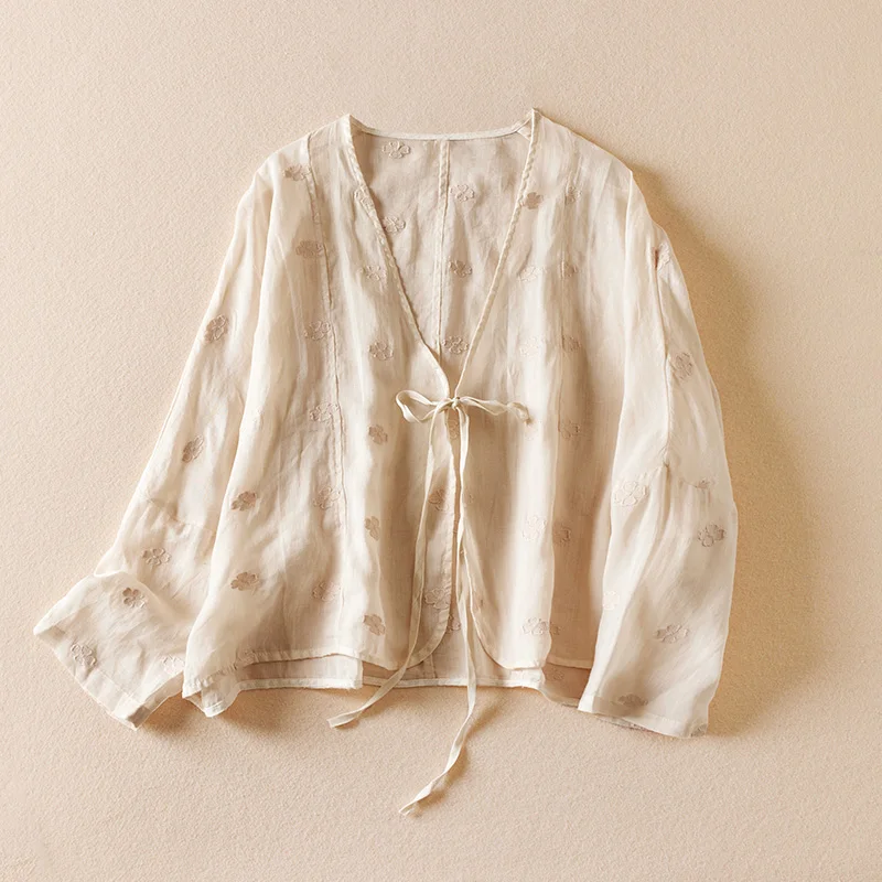 

Women's Tie-Front Flower Embroidery Cotton Linen Kimono Shirt blouse Vintage White Beige Pink Short Cardigan Top Summer Cover Up