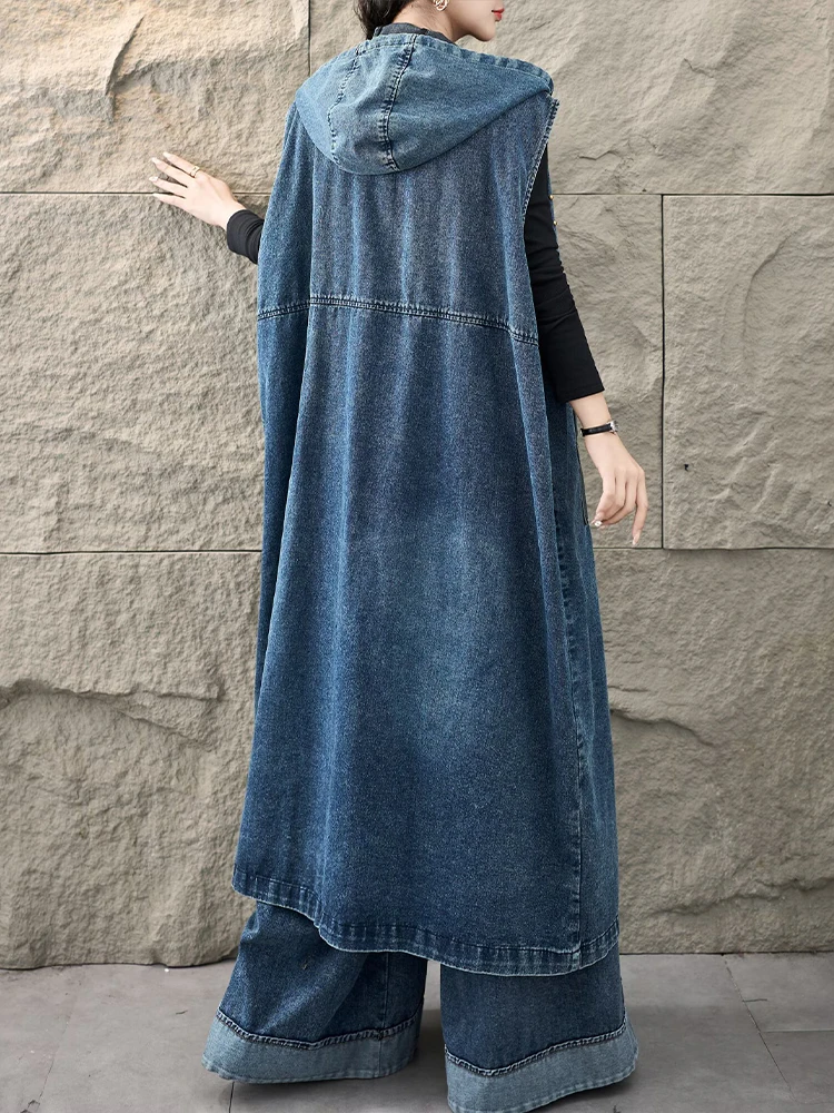 Amax LuluE 2026 Fall Womens Fashion Rivet Long Denim Vest Loose Vintage Hooded Sleeveless Coats Ladies Classic Casual Waistcoats