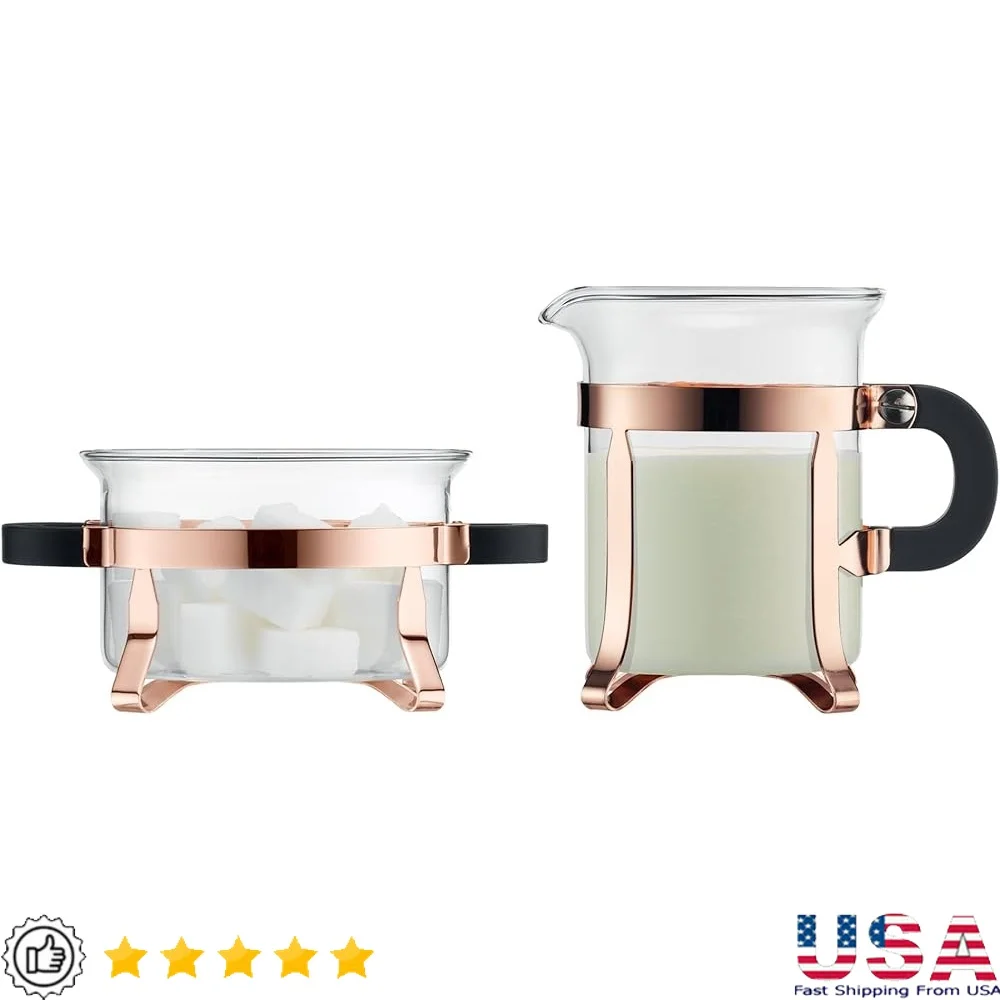 

Sleek Glass Sugar and Creamer Set 2pcs Copper Plated Stainless Steel Lid Matte Black Handles Dishwasher Safe